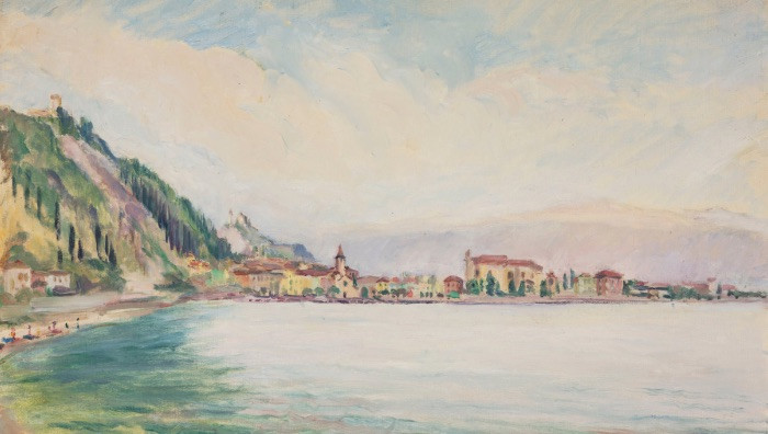 Giovanni Bonat, Paesaggio lacustre, 1964, olio su tela, 42 x 60 cm (Foto dal sito ufficiale)