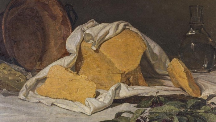 Vittorio Melchiori, Polenta, formaggio e ciliegie, olio su tavola, 75 x 85 cm / Particolare
