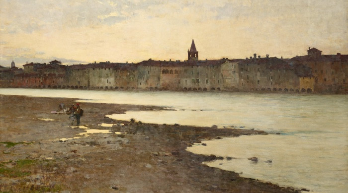 Bartolomeo Bezzi, Sulle rive dell'Adige, 1885, olio su tela, 115 x 187 cm, Mart, Museo di arte moderna e contemporanea di Trento e Rovereto, Comune di Trento
