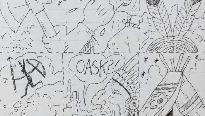 Pablo Echaurren, disegno dal quaderno Oask?! Facciamo un giornale anormale, china su carta, 1977. Mart, Archivio del '900, carte Pablo Echaurren (particolare)